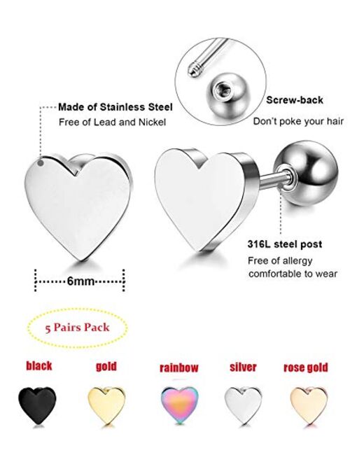 LOYALLOOK 5-6 Pairs Stainless Steel Heart Stud Earrings Barbell Piercing Studs for Women Men