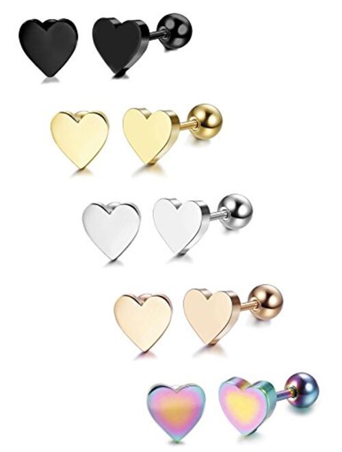 LOYALLOOK 5-6 Pairs Stainless Steel Heart Stud Earrings Barbell Piercing Studs for Women Men