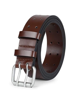 Double Prong Leather Belt Heavy Duty Belt for Men, Double Grommet Holes Belt for Pants