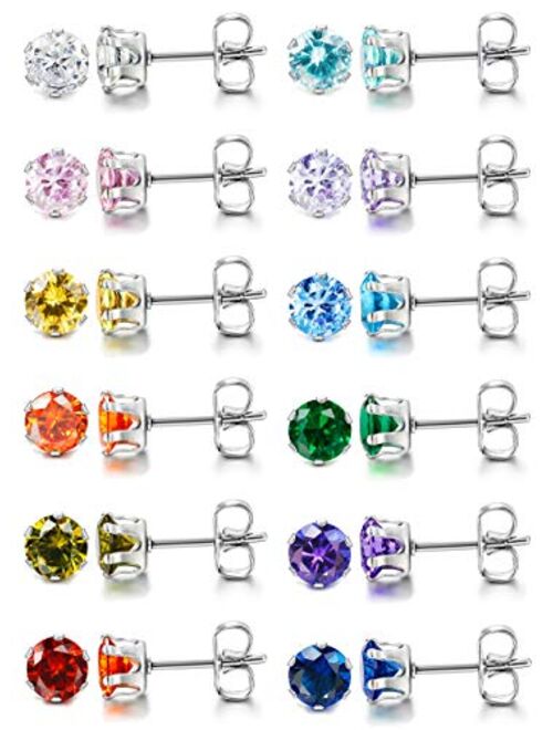 LOYALLOOK 12 Pairs Stainless Steel Brilliant Cut Round Cubic Zirconia Birthstone Stud Earrings for Women