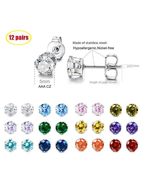 LOYALLOOK 12 Pairs Stainless Steel Brilliant Cut Round Cubic Zirconia Birthstone Stud Earrings for Women