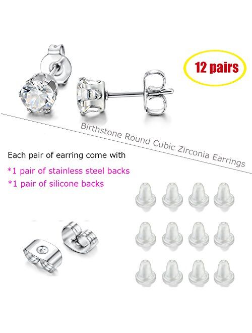 LOYALLOOK 12 Pairs Stainless Steel Brilliant Cut Round Cubic Zirconia Birthstone Stud Earrings for Women
