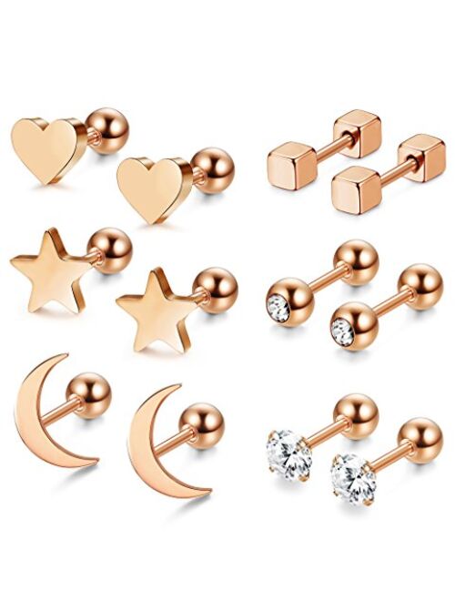 Jstyle 6 Pairs Stainless Steel Ball Stud Earrings for Men Women CZ Cartilage Helix Ear Piercing