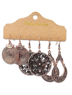 Gmai Antique Ethnic Brocade Mexico Gypsy Engraved Lotus Hook Dangle Earrings for Women and Girls