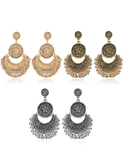 Gmai Antique Ethnic Brocade Mexico Gypsy Engraved Lotus Hook Dangle Earrings for Women and Girls