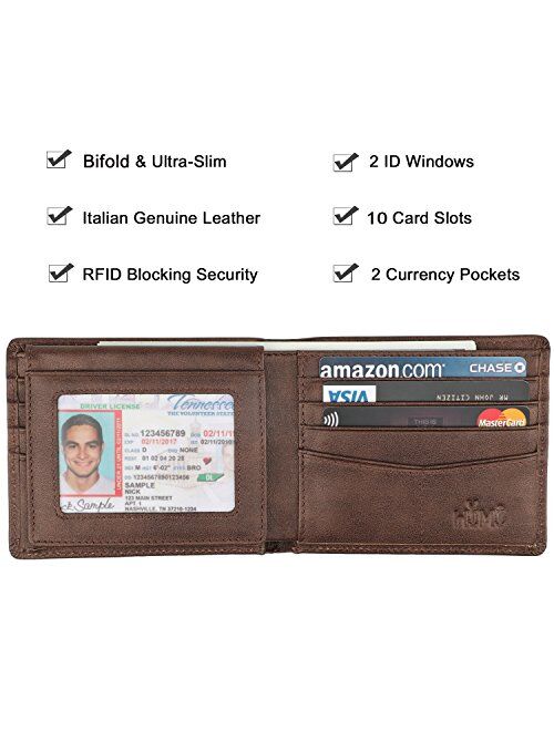 Wallet for Men-Genuine Leather RFID Blocking Bifold Stylish Wallet With 2 ID Window