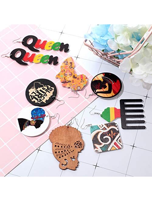 12 Pairs African Map Wooden Earrings African Women Dangle Earrings Natural Ethnic Earrings (Ethnic Queen Styles)