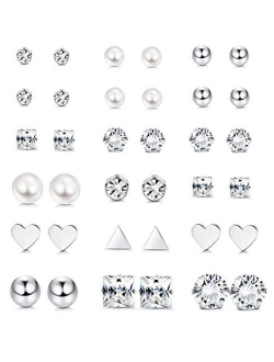 LOYALLOOK 12 Pairs Stainless Steel Earrings Stud Earrings Set for Womens Round Clear CZ Stud