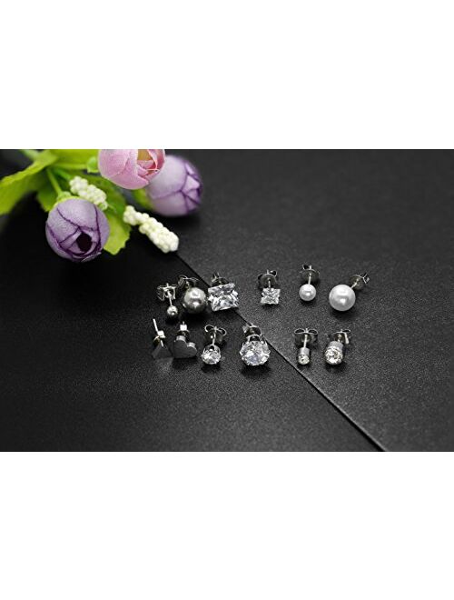 LOYALLOOK 12 Pairs Stainless Steel Earrings Stud Earrings Set for Womens Round Clear CZ Stud