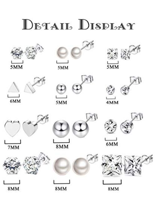 LOYALLOOK 12 Pairs Stainless Steel Earrings Stud Earrings Set for Womens Round Clear CZ Stud