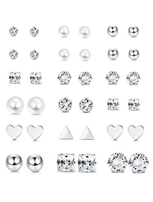 LOYALLOOK 12 Pairs Stainless Steel Earrings Stud Earrings Set for Womens Round Clear CZ Stud