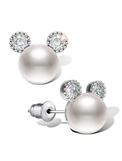 Pearl Stud Earrings for Women,Hypoallergenic 7mm CZ Cute Mouse Stainless Steel Earrings (10 colors)