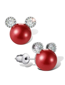 Pearl Stud Earrings for Women,Hypoallergenic 7mm CZ Cute Mouse Stainless Steel Earrings (10 colors)