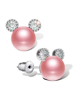 Pearl Stud Earrings for Women,Hypoallergenic 7mm CZ Cute Mouse Stainless Steel Earrings (10 colors)