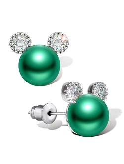 Pearl Stud Earrings for Women,Hypoallergenic 7mm CZ Cute Mouse Stainless Steel Earrings (10 colors)