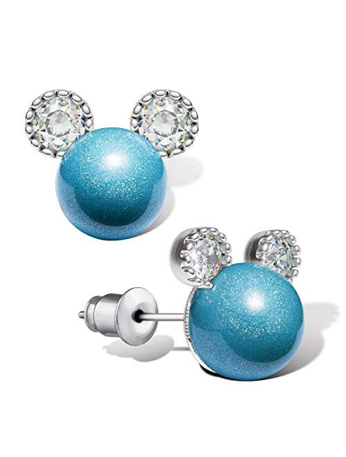 Pearl Stud Earrings for Women,Hypoallergenic 7mm CZ Cute Mouse Stainless Steel Earrings (10 colors)