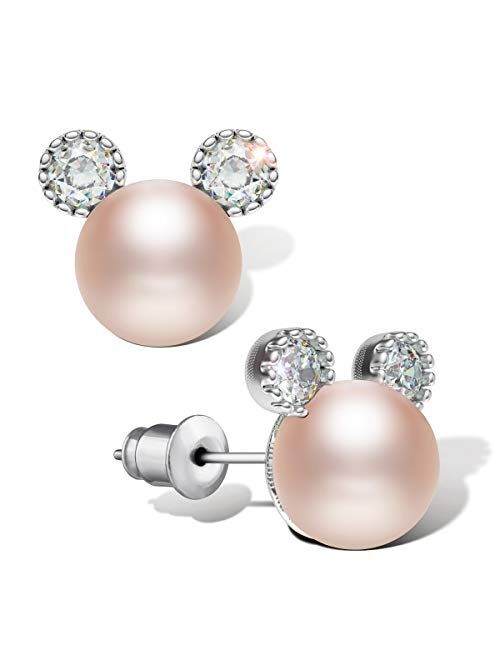 Pearl Stud Earrings for Women,Hypoallergenic 7mm CZ Cute Mouse Stainless Steel Earrings (10 colors)