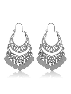 Bohemian Chandelier Coin Dangle Earrings - Gypsy Lightweight Filigree Disc Charm Tassel Ethnic Hoops