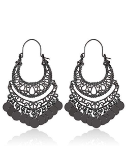 Bohemian Chandelier Coin Dangle Earrings - Gypsy Lightweight Filigree Disc Charm Tassel Ethnic Hoops