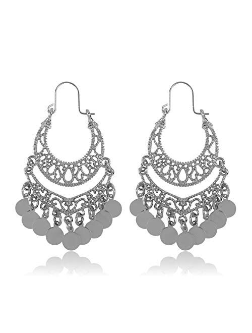 RIAH FASHION Bohemian Chandelier Coin Dangle Earrings - Gypsy Lightweight Filigree Disc Charm Tassel Ethnic Hoops