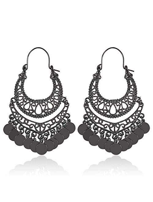 RIAH FASHION Bohemian Chandelier Coin Dangle Earrings - Gypsy Lightweight Filigree Disc Charm Tassel Ethnic Hoops