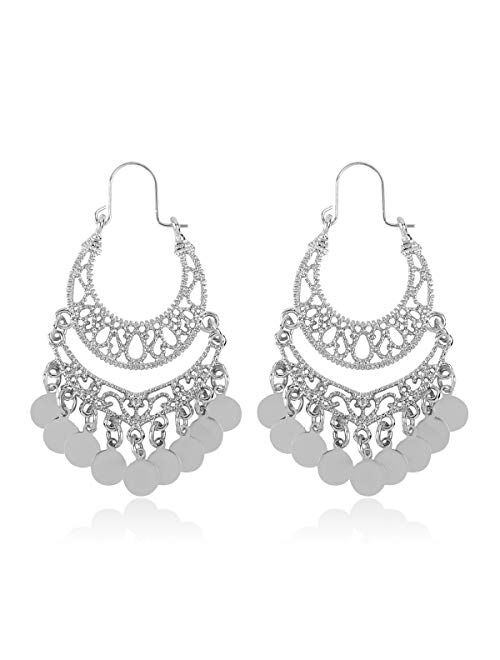 RIAH FASHION Bohemian Chandelier Coin Dangle Earrings - Gypsy Lightweight Filigree Disc Charm Tassel Ethnic Hoops