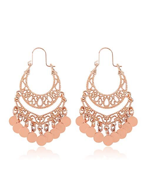 RIAH FASHION Bohemian Chandelier Coin Dangle Earrings - Gypsy Lightweight Filigree Disc Charm Tassel Ethnic Hoops