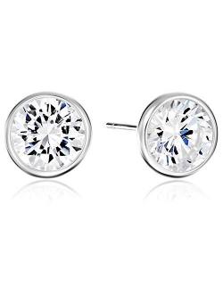 Gold or Rhodium Plated Sterling Silver AAA Cubic Zirconia Bezel Stud Earrings