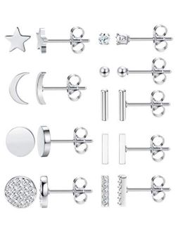 FIBO STEEL 9 Pairs Stainless Steel Star Moon Stud Earrings for Women Cute Bar CZ Stud Earring Set