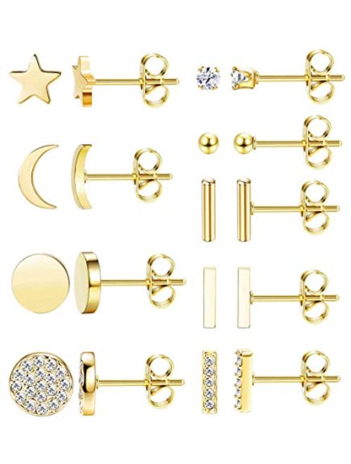 FIBO STEEL 9 Pairs Stainless Steel Star Moon Stud Earrings for Women Cute Bar CZ Stud Earring Set