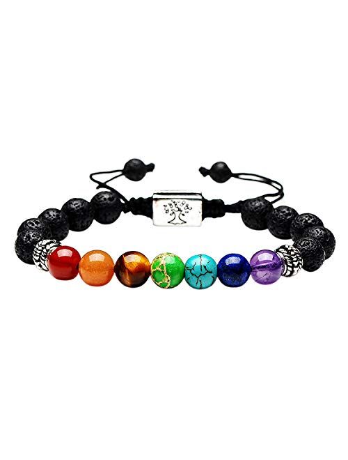 RIVERTREE Black Lava Beaded Bracelet 7 Chakras Gem Stone with Braided Rope Unisex 8mm