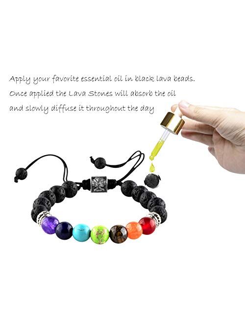 RIVERTREE Black Lava Beaded Bracelet 7 Chakras Gem Stone with Braided Rope Unisex 8mm