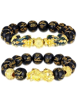 2 Pieces 12 mm Feng Shui Bead Bracelet Chinese Bracelet with Hand Carved Black Amulet Bead Bracelet for Attracting Wealth and Good Luck