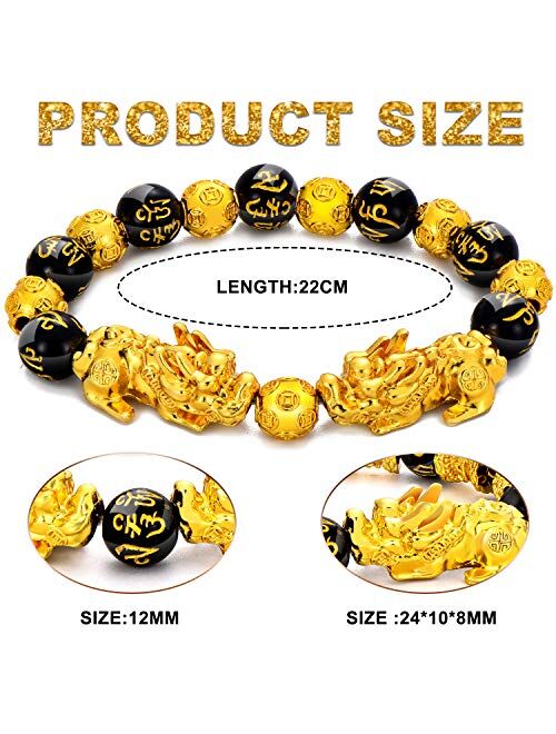 2 Pieces 12 mm Feng Shui Bead Bracelet Chinese Bracelet with Hand Carved Black Amulet Bead Bracelet for Attracting Wealth and Good Luck