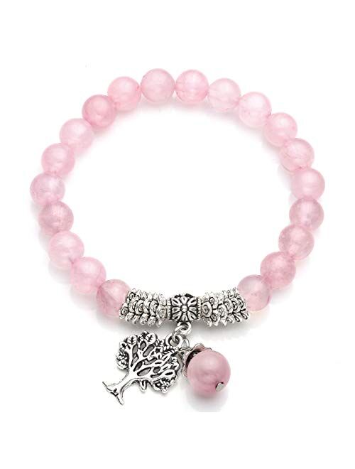 Top Plaza Stretch Rose Quartz Tree of Life Lucky Stone Bracelet Reiki Healing Crystal Gemstone Dangle Charms Pendant Birthstone Bracelet(6.2")