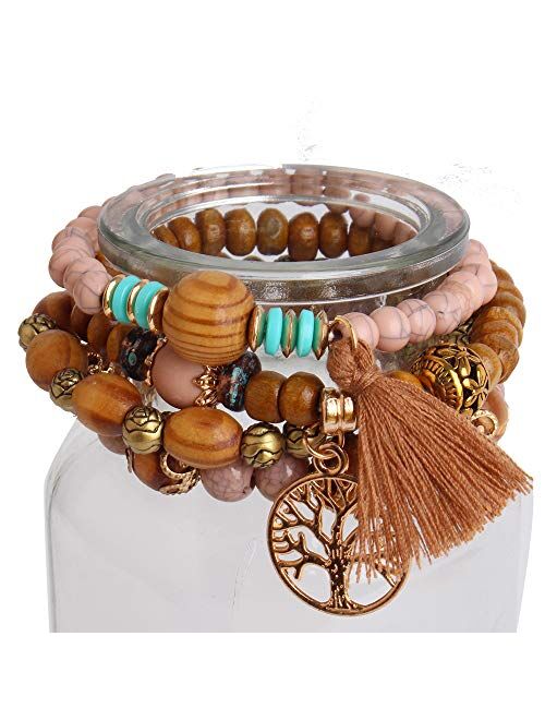 Hicdaw 6 Sets Bohemian Bracelets for Women Multilayer Tassel Bracelet Set Gifts for Women Girls