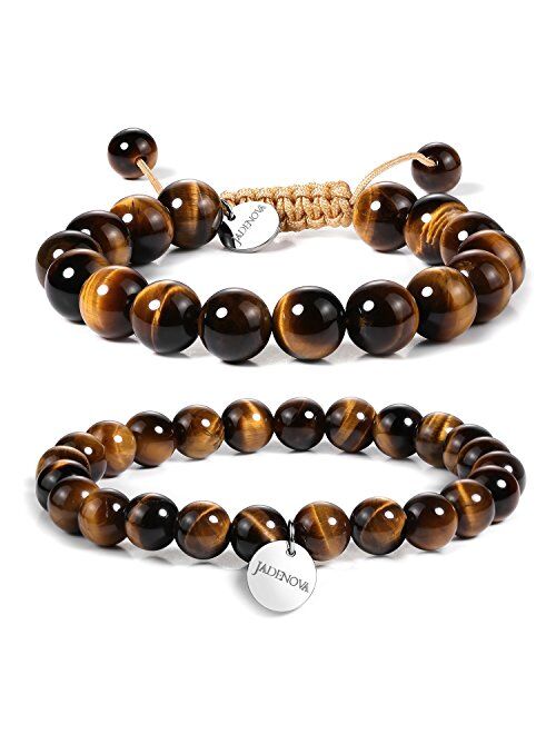 JADENOVA Natural Bead Bracelet Semi Precious Gemstone Beaded Bracelet for Women Healing Crystal Stone Stretch Bracelet Men Couple Bracelets (2pcs,6-8mm/8-10mm)