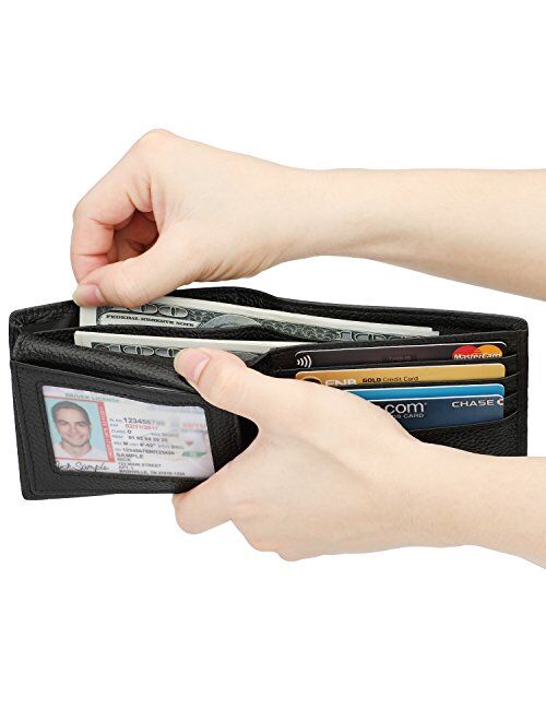 Wallet for Men-Genuine Leather RFID Blocking Bifold Stylish Wallet With 2 ID Window (Black-Pebble Leather)