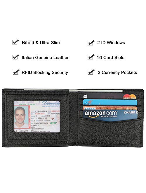 Wallet for Men-Genuine Leather RFID Blocking Bifold Stylish Wallet With 2 ID Window (Black-Pebble Leather)