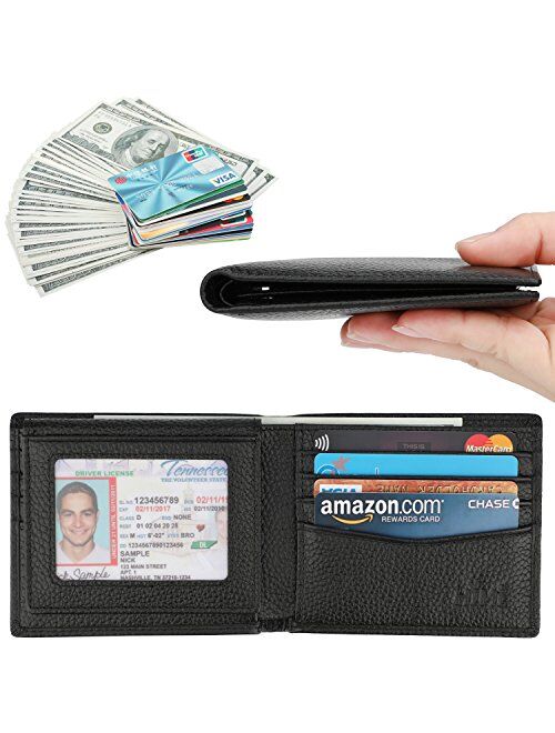 Wallet for Men-Genuine Leather RFID Blocking Bifold Stylish Wallet With 2 ID Window (Black-Pebble Leather)