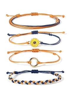 FANCY SHINY Sunflower String Bracelet Handmade Braided Rope Charms Boho Surfer Bracelet for Teen Girls Women