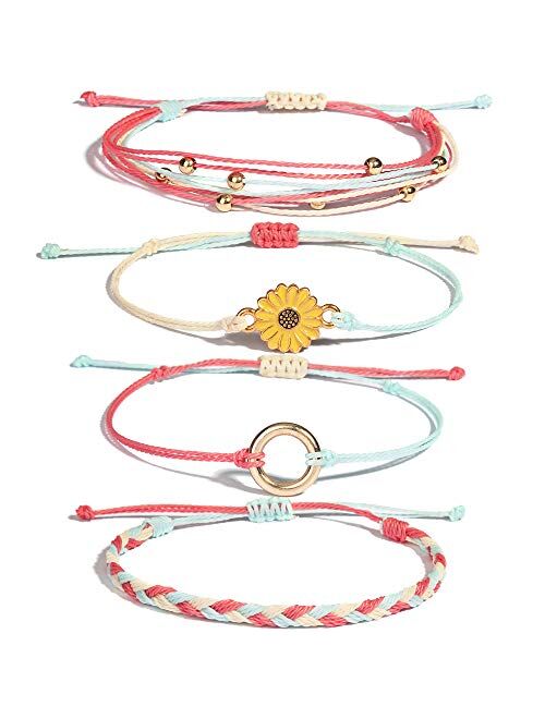 FANCY SHINY Sunflower String Bracelet Handmade Braided Rope Charms Boho Surfer Bracelet for Teen Girls Women