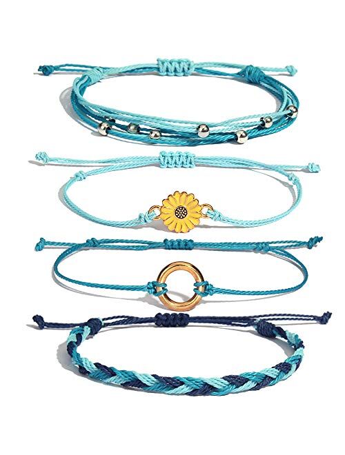 FANCY SHINY Sunflower String Bracelet Handmade Braided Rope Charms Boho Surfer Bracelet for Teen Girls Women