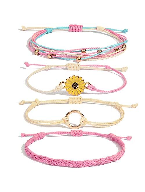 FANCY SHINY Sunflower String Bracelet Handmade Braided Rope Charms Boho Surfer Bracelet for Teen Girls Women