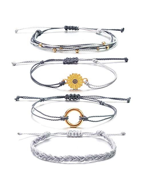 FANCY SHINY Sunflower String Bracelet Handmade Braided Rope Charms Boho Surfer Bracelet for Teen Girls Women