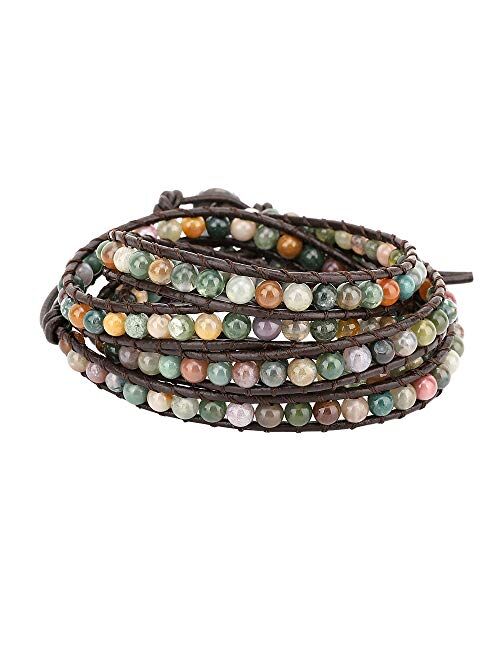 Emibele Layered Leather Bracelet, Rivet Leopard Print Bohemian Style Multilayer Wrap Bracelet, Handmade Agate Chakra Crystal Glass Beaded Shell Bracelet for Women