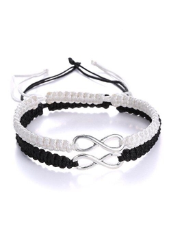 RINHOO 2PC/Set Stainless Steel 8 Infinity Couple Bracelet Braided Leather Rope Bangle Wrist Adjustable Chain Fit 7-9 Inch for Lover Friendship