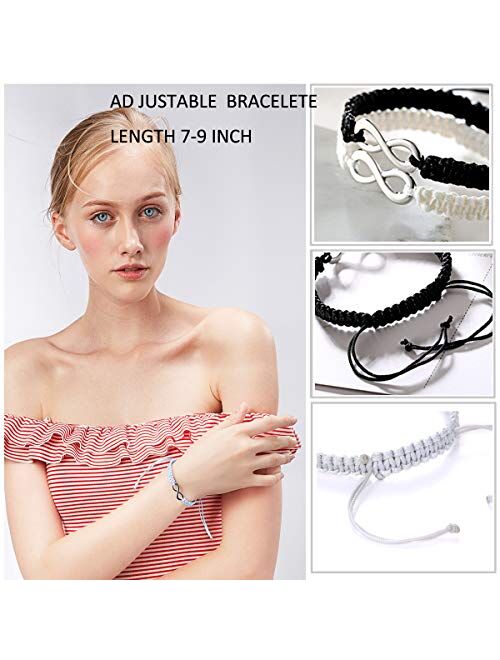 RINHOO 2PC/Set Stainless Steel 8 Infinity Couple Bracelet Braided Leather Rope Bangle Wrist Adjustable Chain Fit 7-9 Inch for Lover Friendship