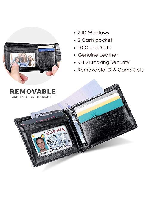 Mens Wallet RFID Genuine Leather Slim Bifold Wallets For Men Removable ID Windows 11 Cards Holders Gift Box