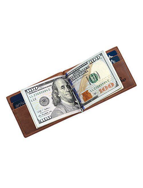 RFID Blocking Slim Minimalist ID Outside Front Pocket Wallet, Money Clip, 9 Slots, Leather